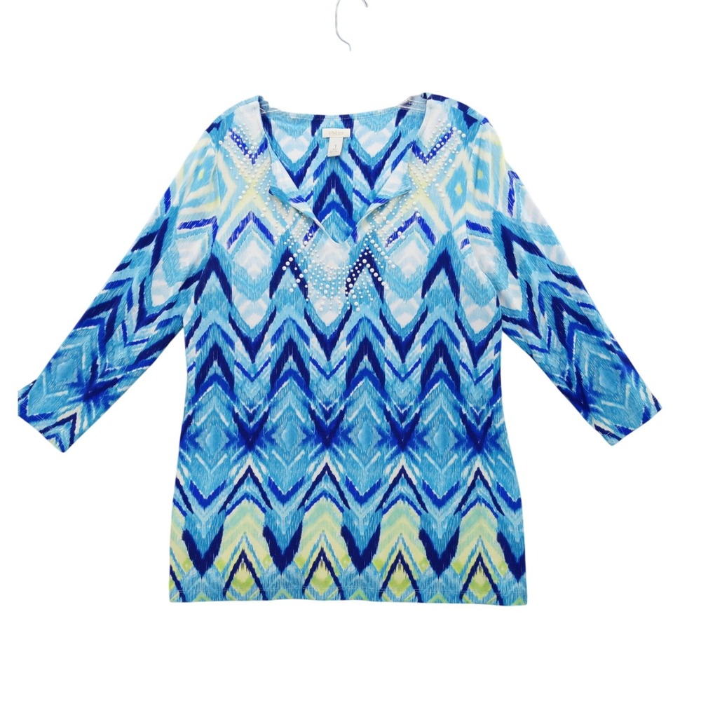 Chico's Embellished Tunic Top Chevron Print 3/4 Sleeve Blouse Size 1 S‎